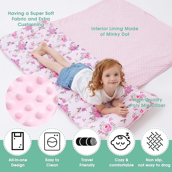 ACRABROS Toddler Nap Mat with Pillow and Blanket, Extra Large Rolled Napping Mats,Slumber Bags for Boys Girls,Kids Sleeping Bag for Daycare, Preschool Travel Camping,Pink Floral