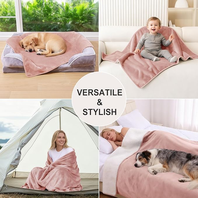 Smiry Waterproof Dog Bed Blanket, Leakproof Pet Throw Blanket for Bed Couch Sofa, Reversible Sherpa Fleece Furniture Protector Cover for Small Medium Large Dogs Cats (Dusty Pink, 50x60 inches)