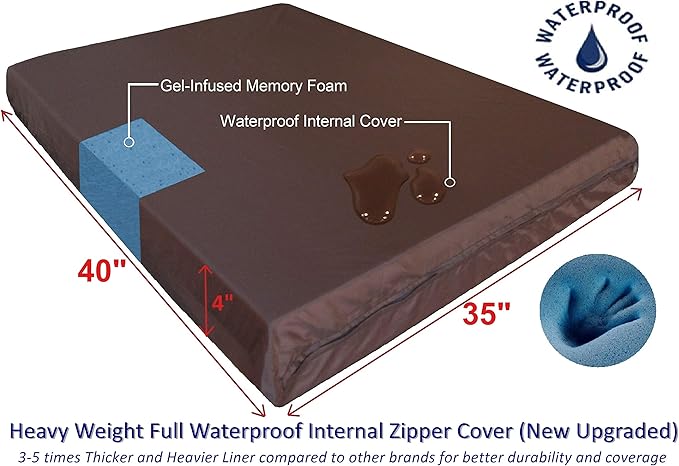 Dogbed4less Extra Large True Orthopedic Gel Memory Foam Dog Bed for Large Pet, Waterproof Liner and Durable Brown Cover, XL 40X35X4 Inch