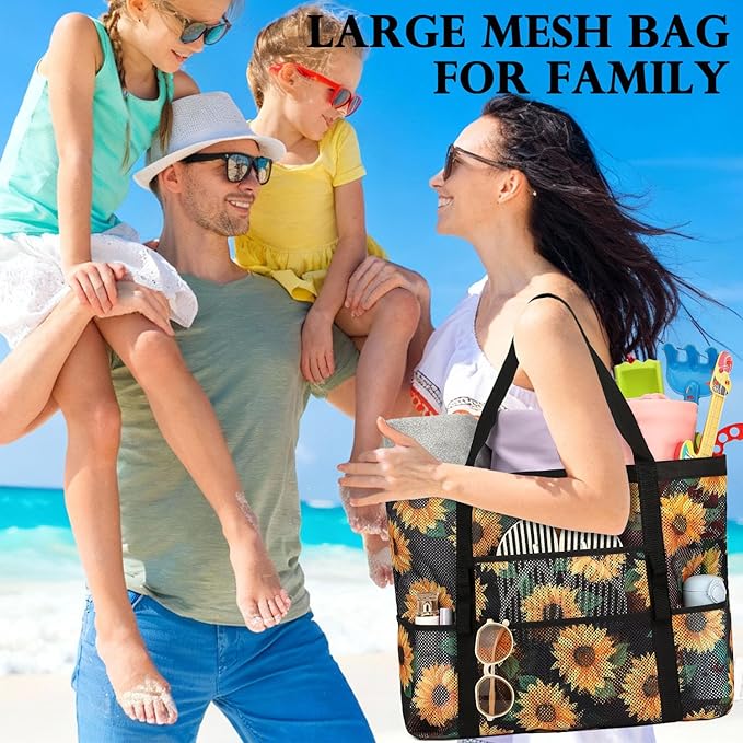 Fammart Mesh Beach Bag, Large Beach Tote with Zipper Pocket for Family Pool Bag for Toys & Vacation Essentials