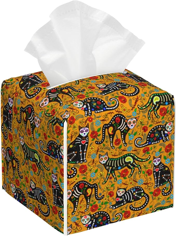 BLYKVGHQ Day of The Dead Square Tissue Box Cover Sugar Skull Black Cats Tissue Box Holder Facial Cube Paper Dispenser Leather Decorative Organizer Home Office Desk Decor, 5.2"x5.2"x5.2"