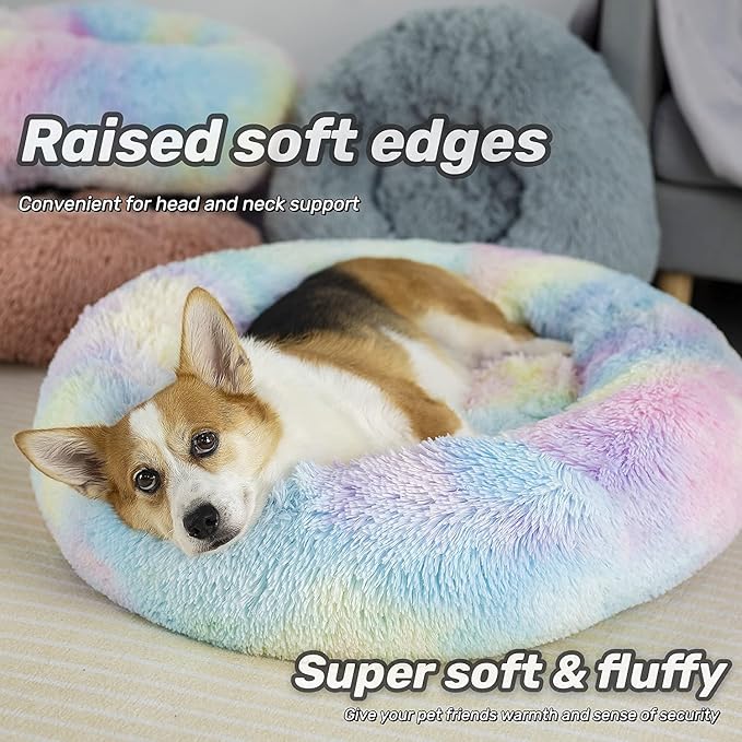 Raimaiso Anti Anxiety Round Fluffy Plush Faux Fur Warm Washable Dog Bed & Cat Bed, Original Bed for Small Medium Large Pets,Used to Relieve Joints and Improve Sleep（20"/24"/27''） (20", Rainbow)