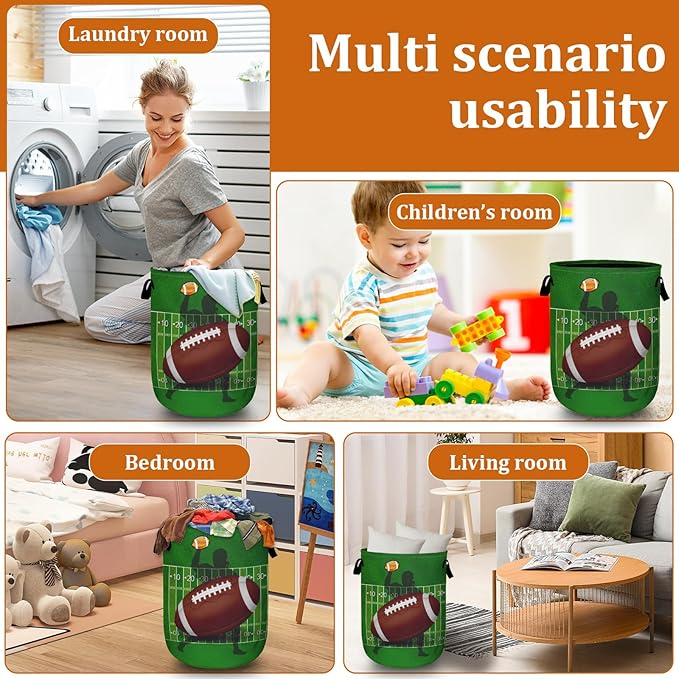 American Football Laundry Basket with Sturdy Handles, Ball Game Collapsible Oxford Cloth Laundry Hamper Organizer Basket for Bathroom Bedroom 15.7x20 Inch