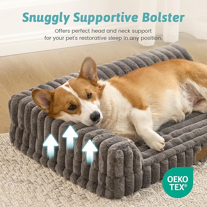 COZY KISS Cute Dog Bed, Faux Rabbit Fur Orthopedic Foam Dog Bed with Sides, Removable Washable Cover & Waterproof Lining, Comfortable Pet Couch for Small Dogs, Grey (30" L x 20" W x 6" Th)