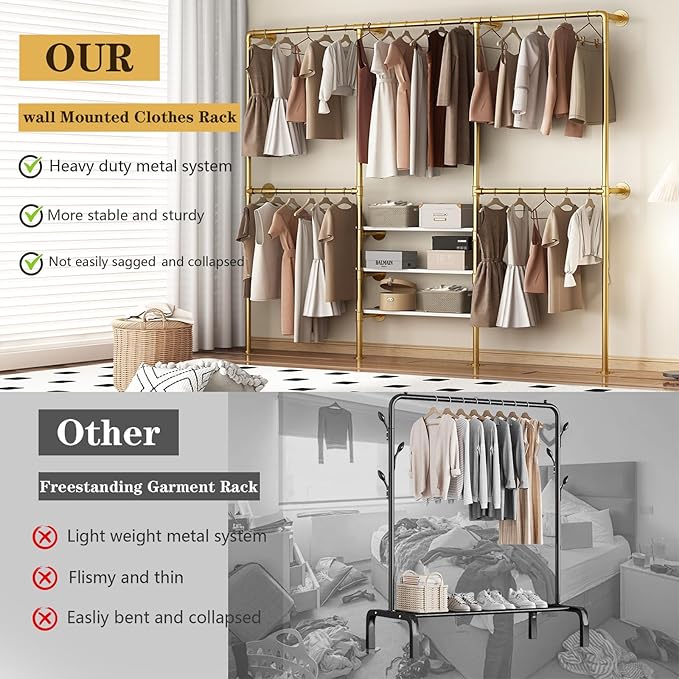 KAILNKISS Industrial Pipe Clothing Rack, Gold Clothing Rack with Shelves, Wall Mounted Clothes Rack Heavy Duty Closet Organizers Wardrobe Multi-Purpose Storage Clothes Hanging Shelf- 94.5''L Gold