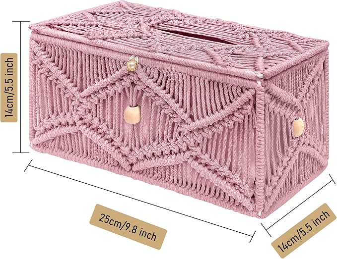 KaloKalo Handmade Tissue Box Cover Rectangle Decorative Macrame Boho Tissue Holder Cotton Rope Woven Napkin Facial Paper Organizer Bohemian Desk Storage Container with Buckle Wood Beads (Pink)