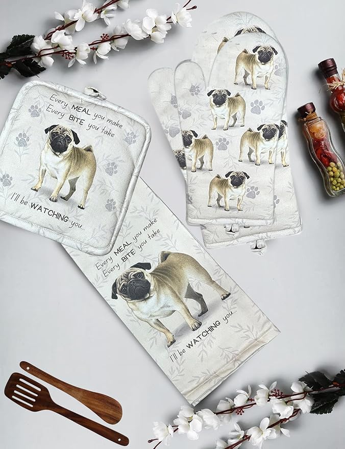 Pug 3-Piece Kitchen Set - Oven Mitt, Pot Holder & Kitchen Towel Set, Heat Resistant up to 420 F, Soft Quilted Cotton for Cooking, Baking, BBQ, Pet Lover Gifts (Pug)