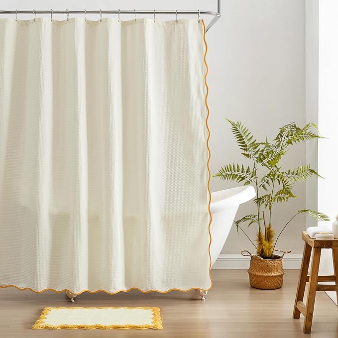 MONDAY MOOSE Scalloped Waffle Weave Shower Curtain with Rustproof Metal Grommet Holes for Bathroom, Machine Washable, Hooks Included (72x72 inch, Mustard/Cream)