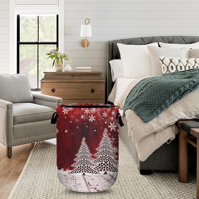 Coffee Bean Tree Laundry Basket with Sturdy Handles, Red Christmas Snowflake Collapsible Oxford Cloth Laundry Hamper Organizer Basket for Bathroom Bedroom 15.7x20 Inch
