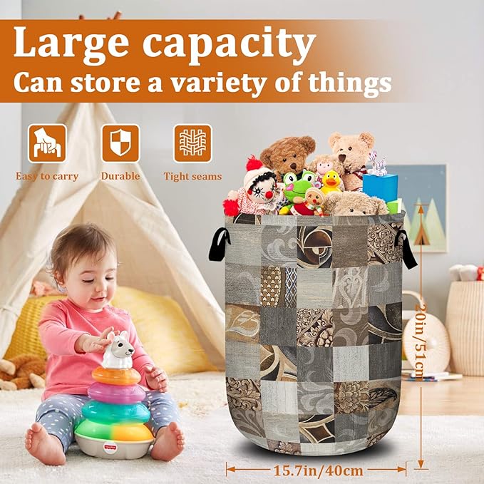 Geometric Patchwork Laundry Basket with Sturdy Handles, Collapsible Oxford Cloth Laundry Hamper Organizer Basket for Bathroom Bedroom 15.7x20 Inch