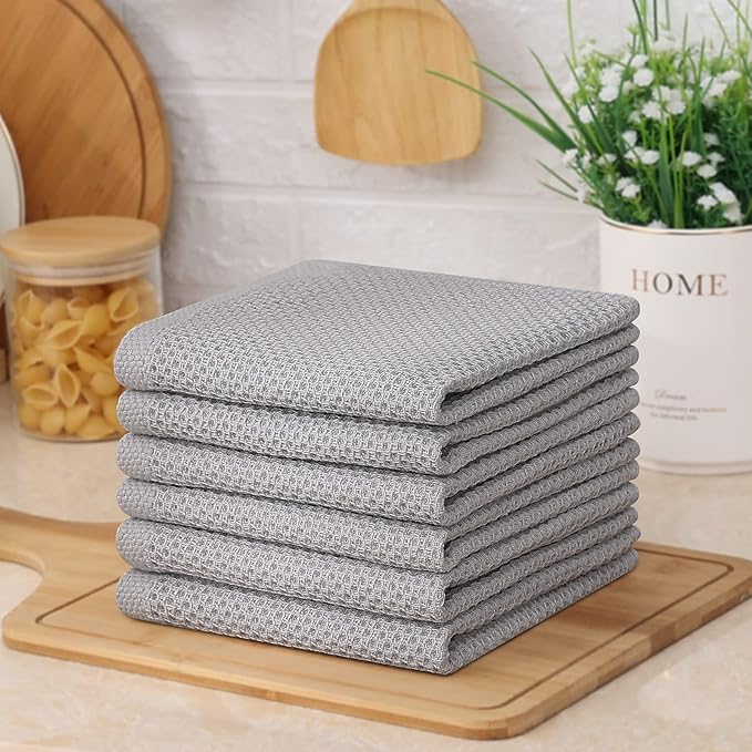 Kitinjoy 100% Cotton Kitchen Dish Cloths, 12 Pack Waffle Weave Ultra Soft Absorbent Dish Towels for Drying Dishes Quick Drying Kitchen Towels Dish Rags, 12 X 12Inch, Light Grey