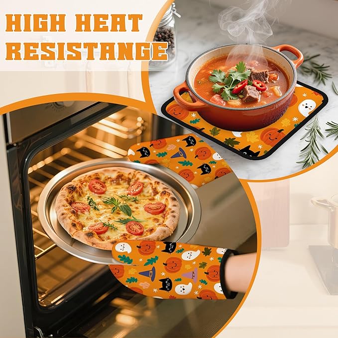 Halloween Pumpkins Oven Mitts and Pot Holders Set,Ghosts Black Cats Kitchen Decor Heat Resistant Non Slip Hot Pads and Oven Mitt for Chef Cooking Baking BBQ Mom Girl Gifts(4 Piece Set)