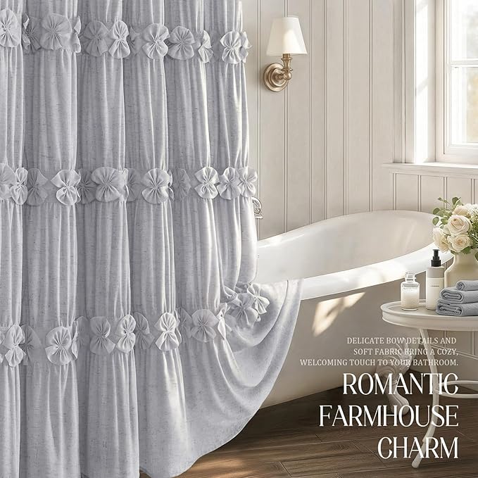 XOGUIBO Ruffle Shower Curtain with Handmade Bow Tie, Grey Linen Vintage Farmhouse Shower Curtain for Bathroom, 72" W x 72" H