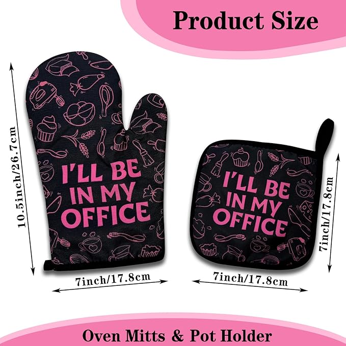Funny Baking Oven Mitts and Pot Holders Set of 3, I'll Be in My Office, Heat Resistant Non-Slip Kitchen Mitts Hot Pads, Baking Gifts for Women, Christmas Birthday Gifts for Chef Bake Lover