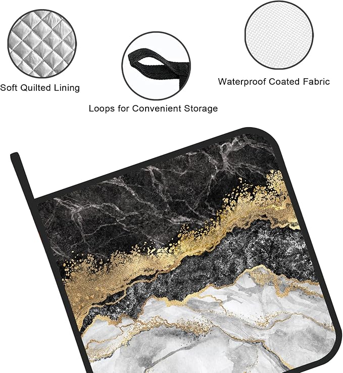 White Black Gold Marble Pot Holders Set of 2 Kitchen Heat Resistant Potholder for Microwave Cooking Baking Oven End Dishes and BBQ