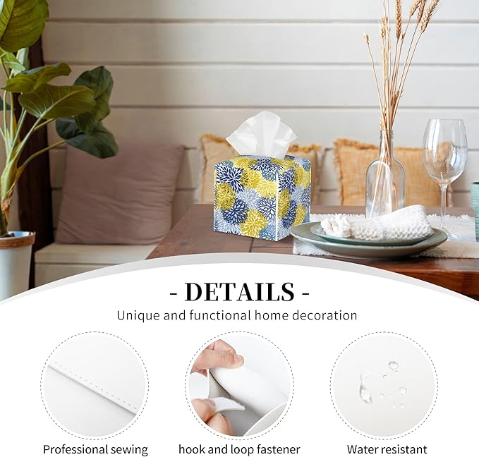 POIUBLE Yellow and Navy Chrysanthemum Flower Tissue Box Cover Leather Tissue Box Holder Square Facial Paper Organizer Dispenser for Bathroom Kitchen Bedroom Vanity Countertop Night Stands