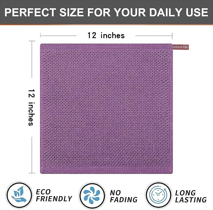 Kitinjoy 100% Cotton Kitchen Dish Cloths, 12 Pack Waffle Weave Ultra Soft Absorbent Dish Towels for Drying Dishes Quick Drying Kitchen Towels Dish Rags, 12 X 12Inch, Violet