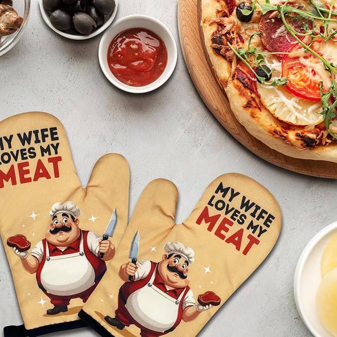 2 Pack Funny BBQ Oven Mitts, My Wife Loves My Meat, Heat Resistant Non-Slip Mitts, Husband Christmas Birthday Gifts from Wife, Humorous Grilling Cooking Gifts for Men Husband Chef Friend