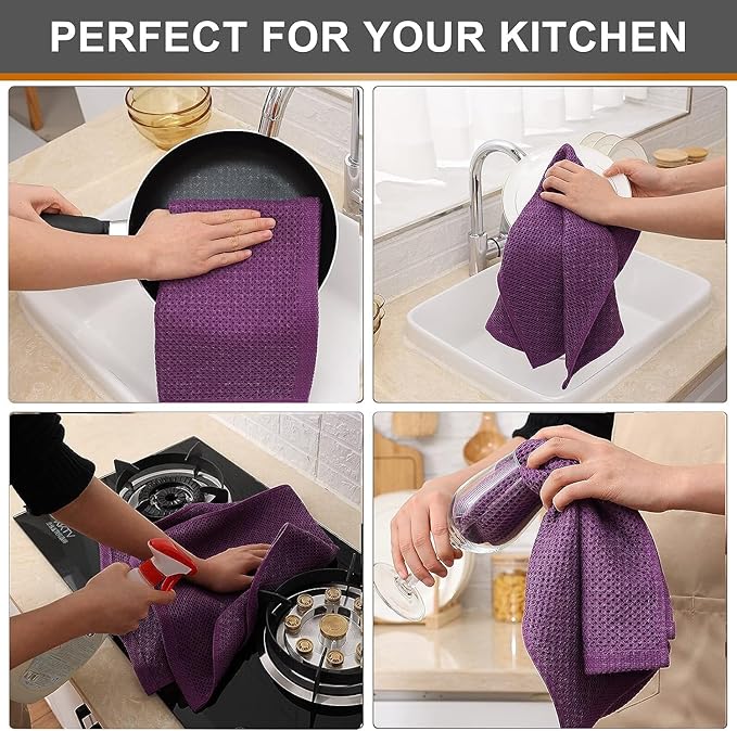 Kitinjoy 100% Cotton Waffle Weave Kitchen Towels, 6-Pack Soft lint Free and Absorbent Dish Towels for Kitchen Drying Dishes Hand Towels, 13 in x 28 in, Violet