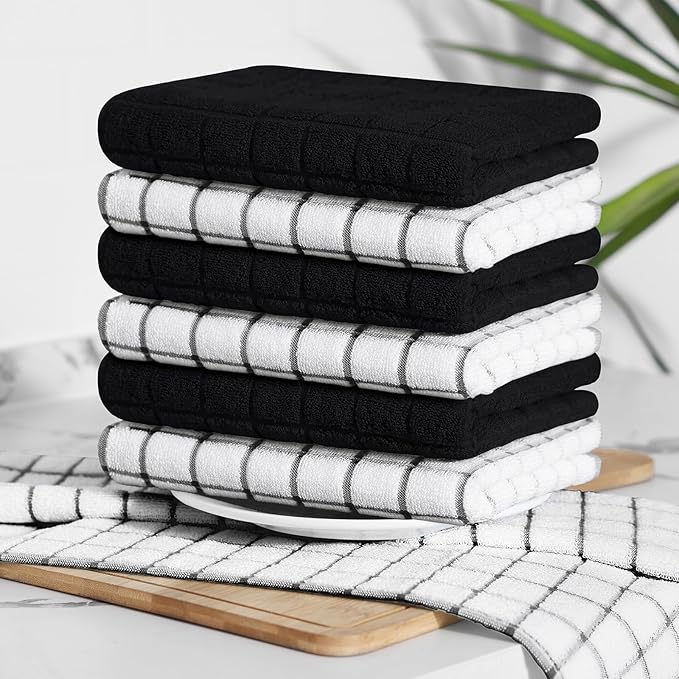 Homaxy Premium Cotton Kitchen Towels 16"x 28", Large Natural Ring Spun 390 GSM Dish Towels, Super Absorbent Terry Kitchen Hand Towels, Soft Tea Towels with Hanging Loop, Black Check Design, 8 Pack