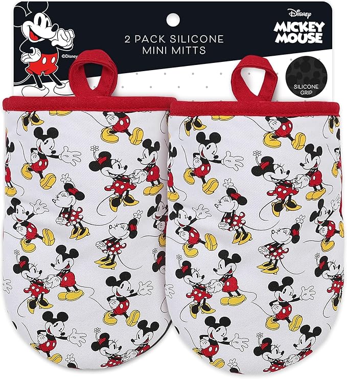 Disney Oven Mitts - 5.5” x 7.5” Heat-Resistant Mini Oven Mitts with Non-Slip Printed Silicone Disney Silhouettes - Mickey & Minnie, Stich, Winnie The Pooh