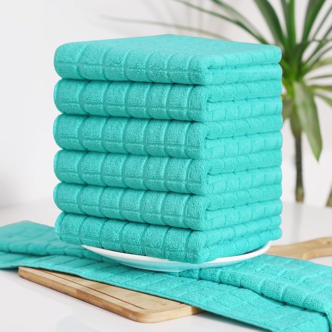Homaxy Premium Cotton Kitchen Towels 16"x 28", Large Natural Ring Spun 390 GSM Dish Towels, Super Absorbent Terry Kitchen Hand Towels, Soft Tea Towels with Hanging Loop, Pure Aqua Design, 8 Pack