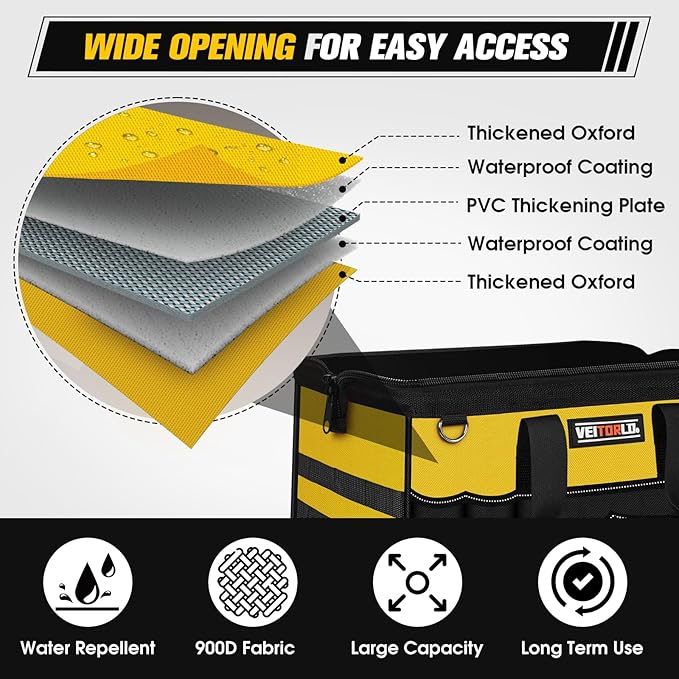 16-Inch Heavy Duty Tool Bag, 19-Pockets Tool Box Organizer, Portable Toolbag W/Soft Handle, Organized Storage, Mechanic Gifts for Him Men Husband Valentines Day, Wide Mouth Electrician Toolbox, Yellow