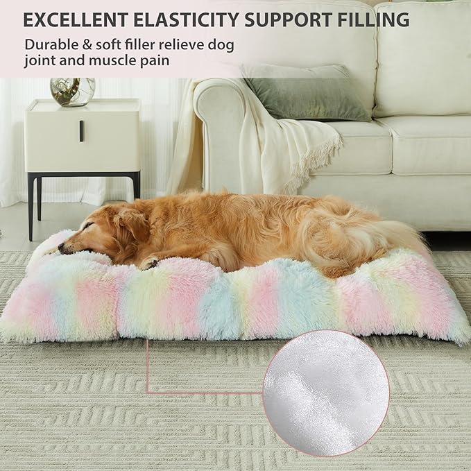 BFPETHOME Dog Beds for Large Dogs, Plush Dog Crate Bed Fluffy Cozy Kennel Pad for Sleeping &Ease Anxiety, Washable Pet Mats with Anti-Slip Bottom for Large Dogs, Rainbow