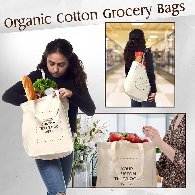 DISCOUNT PROMOS Custom Cotton Canvas Tote Bags (Set of 50) - Personalized, Reusable & Eco-Friendly - Perfect for Grocery, Promotions, Branding - Natural Color, 14.25"X15.5"X5", 10 OZ Cotton