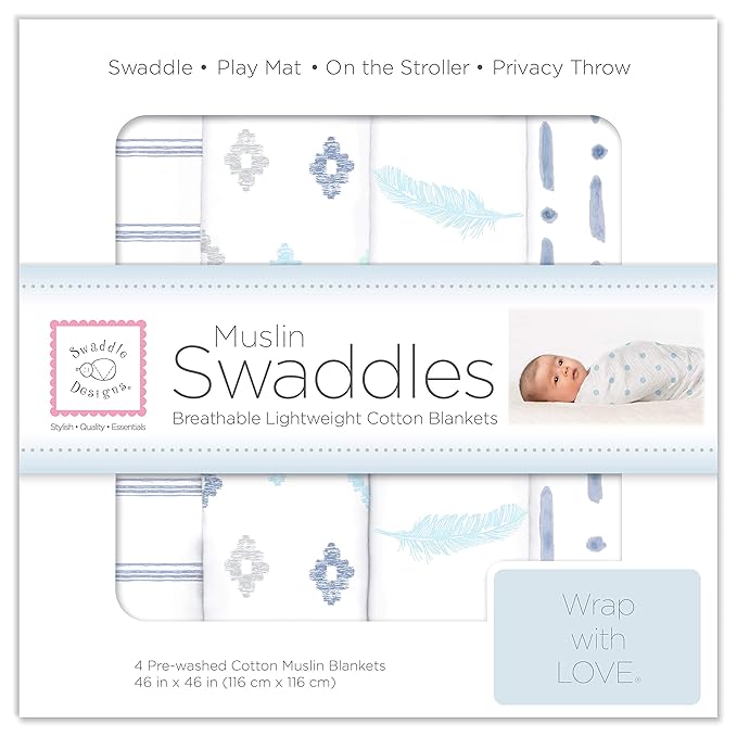 SwaddleDesigns Cotton Muslin Swaddle Blankets, Set of 4, Receiving Blankets for Baby Boys & Girls, Best Shower Gift, 46x46 inches, Denim Indigo
