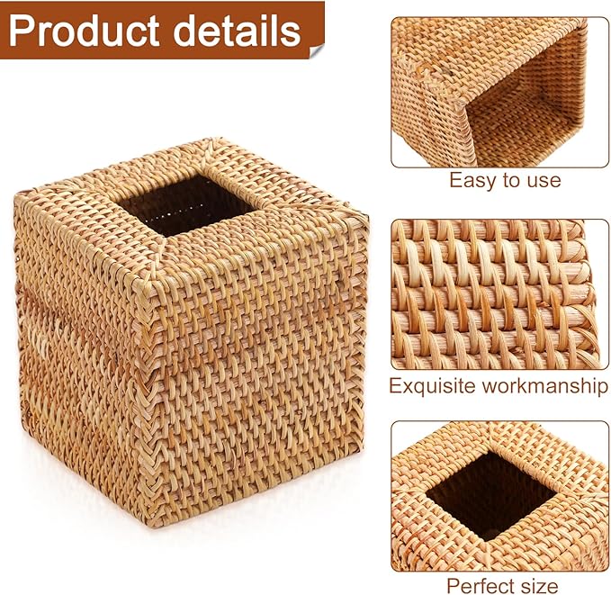 4 Pack Rattan Tissue Box Cover Square, Hand Woven Wicker Tissue Holder, Tissue Box Holder, Wicker Tissue Box Cover, 5.5 x 5.5 X 5.5 inch, Natural