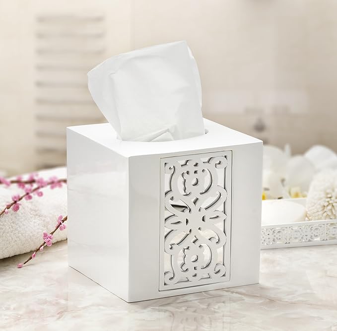 Creative Scents Mirror Janette White Tissue Box Cover Square - Decorative Square Tissue Box Holder for Bathroom with Durable Bottom Slider - Beautiful Mirrored Tissue Holder for Bathroom