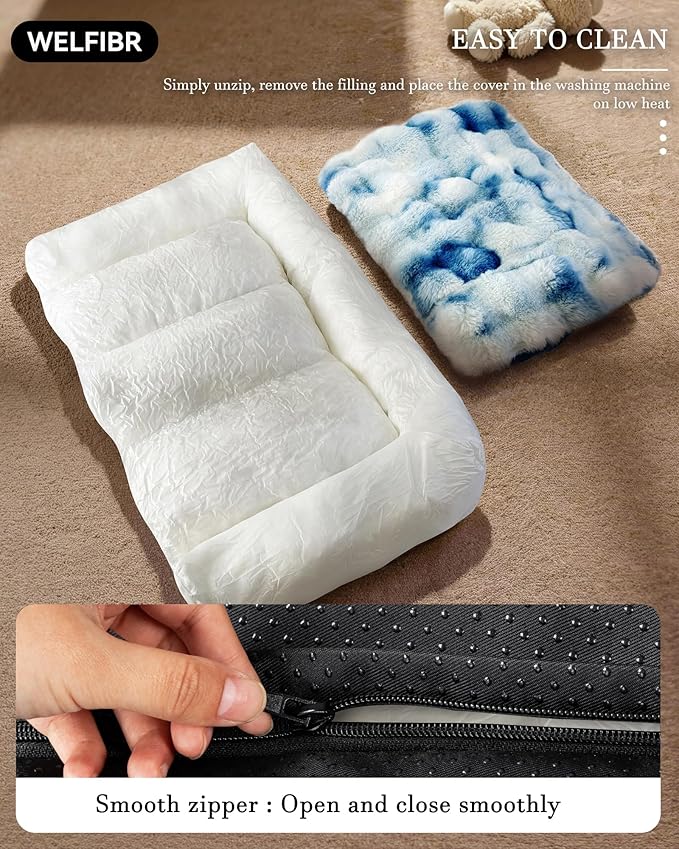 Welfibr Fluffy Faux Fur Dog Bed Medium Size Dog Washable Rasied Dog Bed Orthopedic Dog Bed with Sides Noiseless Supportive Foam Dog Couch Anti-Slip Comfort Pet Beds with Removable Cover Blue 42"