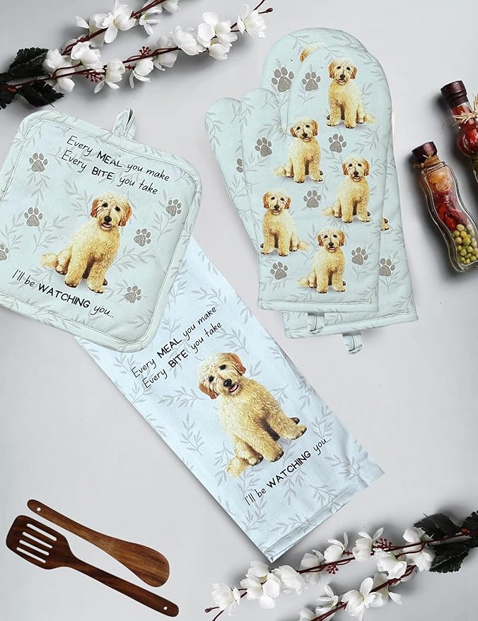 Goldendoodle 3-Piece Kitchen Set - Oven Mitt, Pot Holder & Kitchen Towel Set, Heat Resistant up to 420 F, Soft Quilted Cotton for Cooking, Baking, BBQ, Pet Lover Gifts (Goldendoodle)