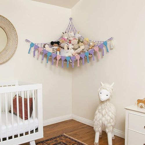 Abby Baby Extra Large Stuffed Animal Storage Hammock Corner with LED Lights – 25LB Capacity Hanging Toy Net for Small or Large Plushies, Boho Macrame Squishmallow, Plush Net, Purple