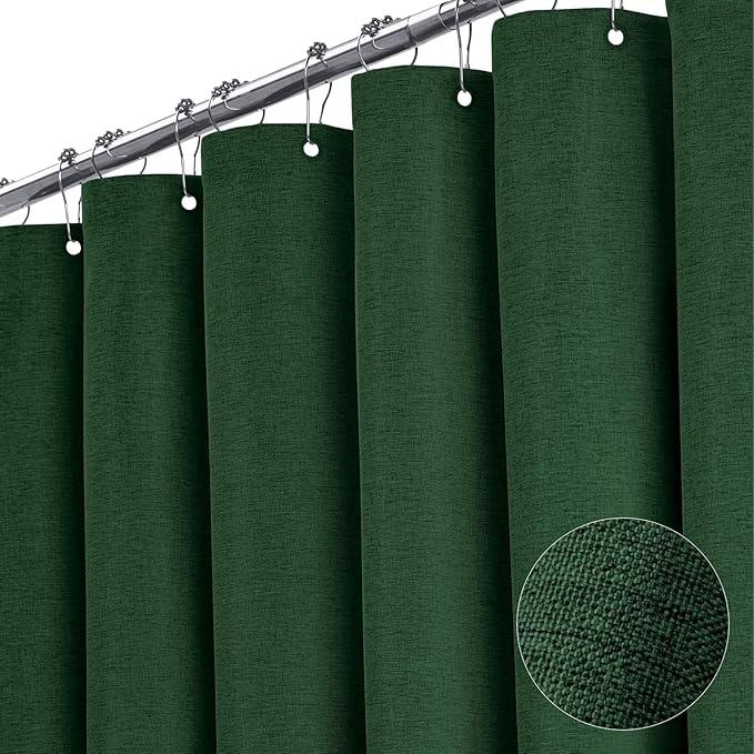 BTTN Stall Fabric Shower Curtain - 36x72 Inch Narrow Linen Textured Heavy Duty Shower Curtain Set with 6 Plastic Hooks, Hotel Luxury Half Waterproof Neutral Bath Curtains for Bathroom - Emerald Green