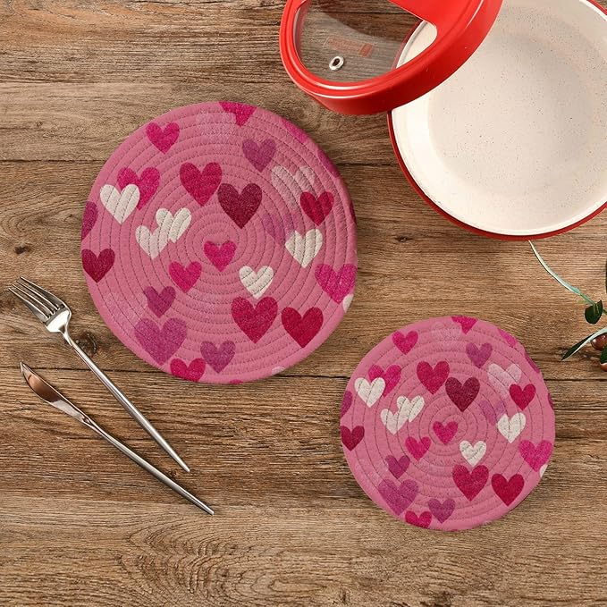 Valentine's Day Pink Hearts Trivet Mat 2PCS Round Woven Potholders Kitchen Table Countertop Protector Hot Pads Farmhouse Coasters Counter Mats for Cooking Baking