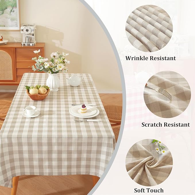 Alsoo Checkered Tablecloth Rectangle Washable Buffalo Plaid Table Cloth Cotton Linen Gingham Table Cover for Picnic Kitchen Dining Room, Beige and White, 60 * 75