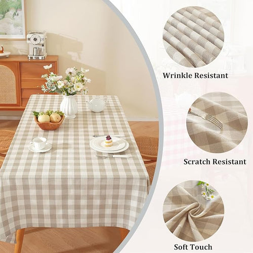 Alsoo Checkered Tablecloth Rectangle Washable Buffalo Plaid Table Cloth Cotton Linen Gingham Table Cover for Picnic Kitchen Dining Room, Beige and White,60 * 60 inch