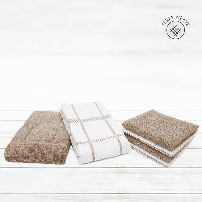 Mellow Buff 100% Cotton Terry Dish Cloth & Dish Towel, 6 Pack, Super Soft and Absorbent Kitchen Towels, Perfect for Kitchen Cleaning and Dish Washing (TAN (DT and DC Combo))