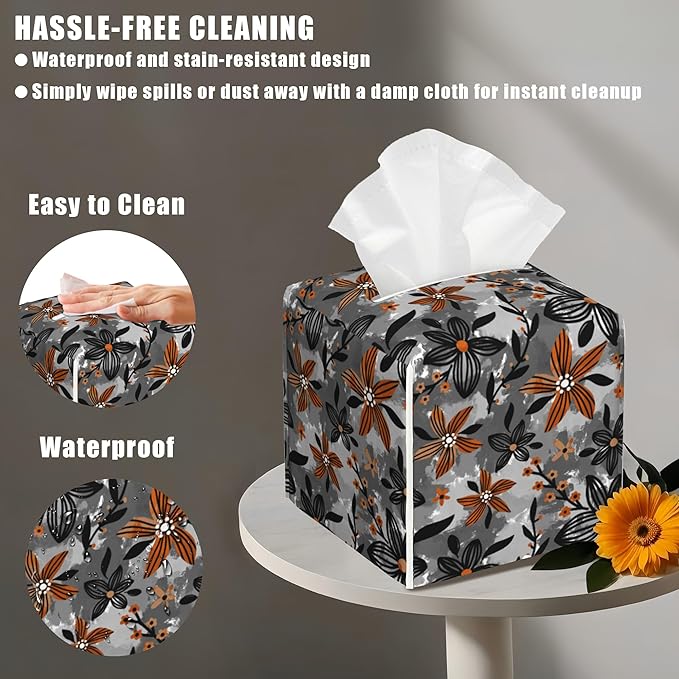 Dark Style Leather Tissue Box Holder Striped Flowers Branches Tissue Box Cover Facial Paper Case Organizer Cube Napkin Dispenser for Bathroom Vanity Countertop Night Stand Office Car
