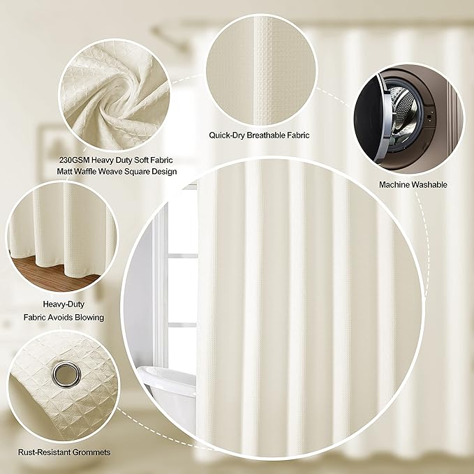 MISS SELECTEX Machine Washable Cloth Shower Curtain, Matt Waffle Durable Thick Cloth Shower Curtain for Bathroom,Premium Water Repellent Fabric Luxury Spa Hotel Shower Curtain(72Wx84H,Ecru/Beige)