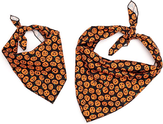 THE WORTHY DOG Classic Tie-On Dog Bandana – Soft Cotton Flannel Square Pet Bandana, Jack-O-Lantern Pattern, Black, Small