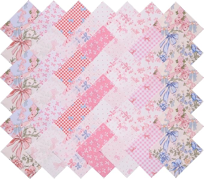 Hanjunzhao Valentines Pink Blue Bow Cotton Fabric Squares 10x10, 42Pcs Layer Cake Fabric for Quilting 10 inch, Layer Cakes 10 inch Squares for Quilting, DIY Bowknot, Gift Wrapping, Party Decor, Bows