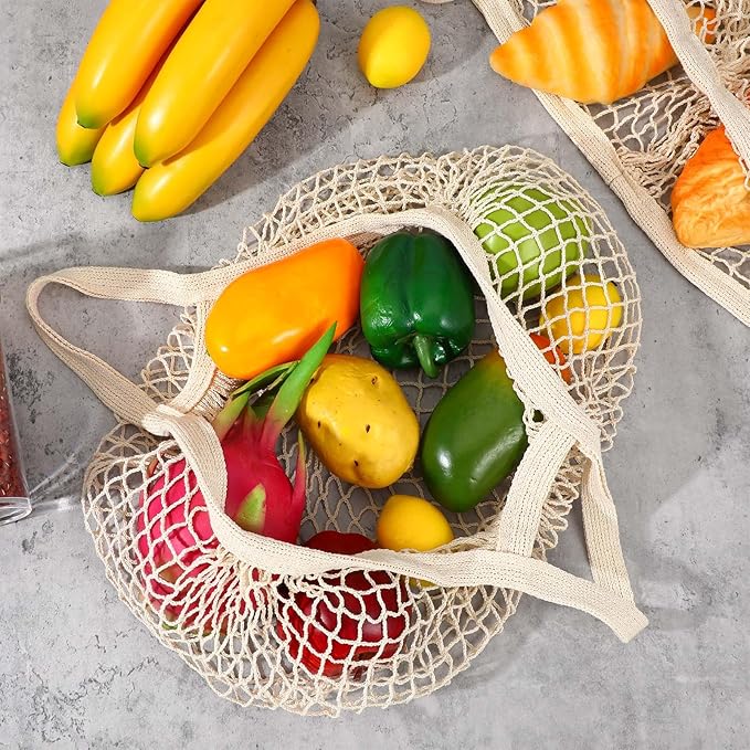 Lemecima 10 Pieces Reusable Mesh Grocery Bags Portable Cotton Produce Containers Washable Net Mesh Reusable Tote Bag with Handle String Shopping Organizer for Fruit Vegetable Shopping Storage Market