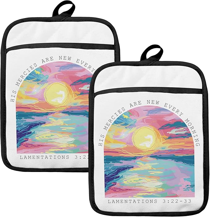 Inspirational Boho Christian Pot Holders for Kitchen, Bible Verse Gifts, His Mercies are New Every Morning Religious Heat Resistant Hot Pads and Oven Mitts for Baking Cooking