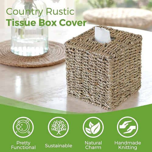 2 Pack Seagrass Tissue Box Cover, Wicker Tissue Box Holder Square, Hand Woven Cube Tissue Box Cover Tissue Holder for Bathroom Living Room Kitchen Office, Natural