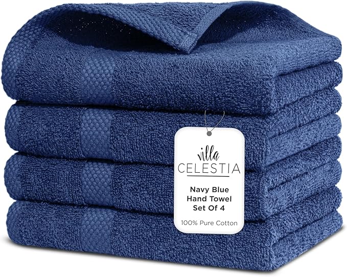 Villa Celestia 100% Cotton Hand Towel Set of 4, (16 x 28 inches) Sustainable, Soft, Highly Absorbent, Quick Drying, Combed Cotton Hand Towels Pack of 4 Ideal for Hotels, Spa, Bathroom, Dorm, Navy Blue