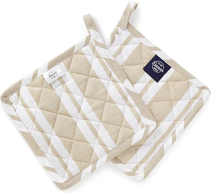 Encasa XO 8 inches Oven Microwave Potholders (2 pc Set) for Kitchen Cooking & Baking - Heat Resistant, Thick & Safe, Protection of Hands from Hot Utensils - Franca Beige Stripes