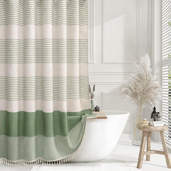 XOGUIBO Sage Green Shower Curtain Boho Linen Striped Shower Curtains for Bathroom with Tassel 72 X 72
